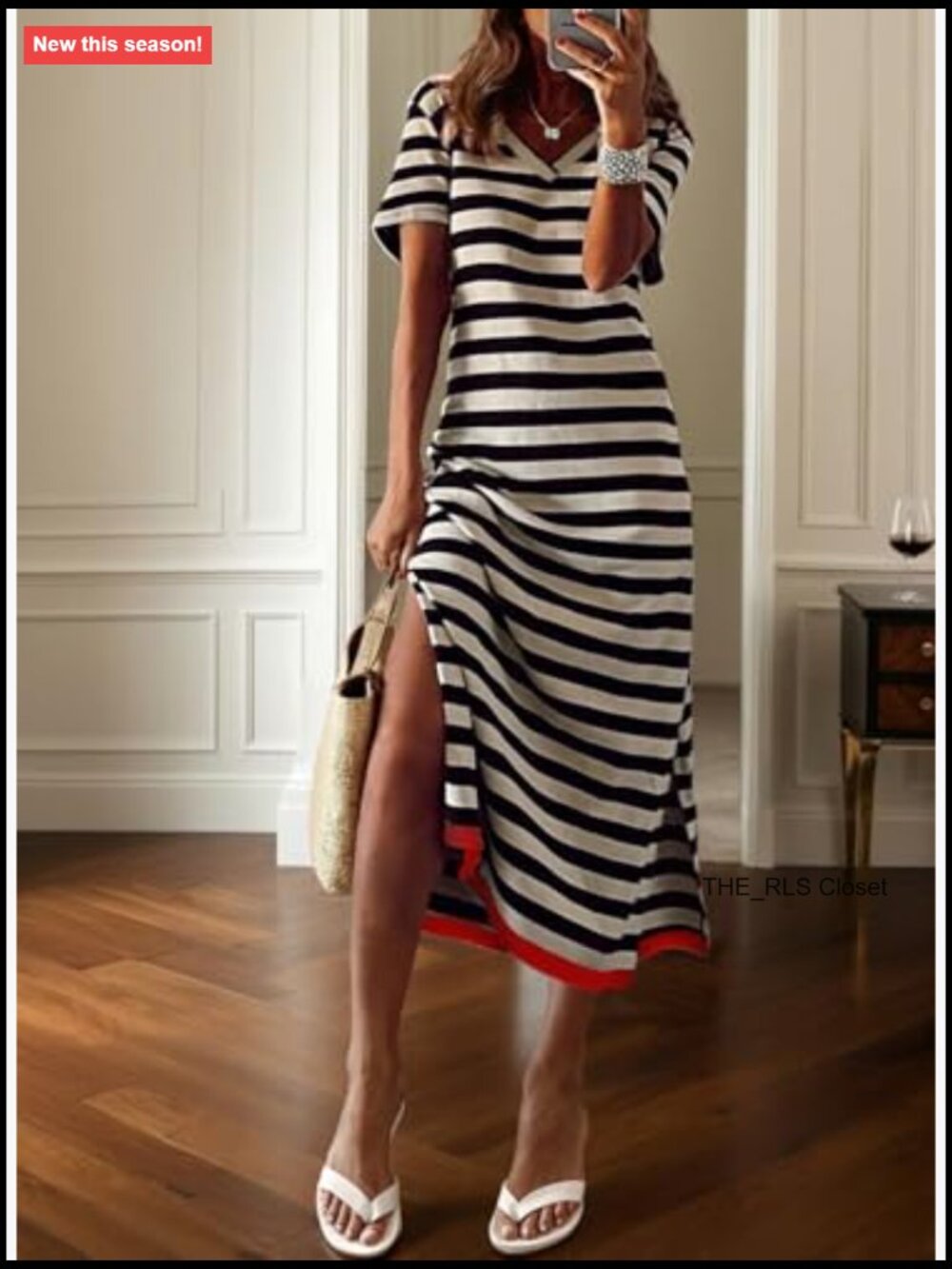 Short Sleeve Maxi Dress with Side Split and Striped Design - Picture 2 of 7